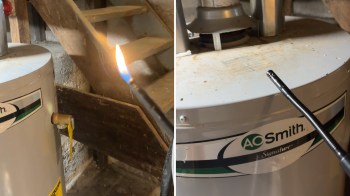 A lighter flame near a propane water heater.