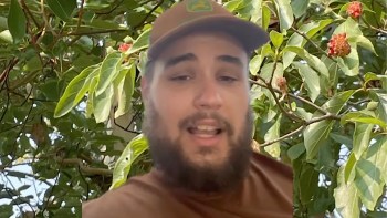 A man speaks while surrounded by green leaves and small red fruits.