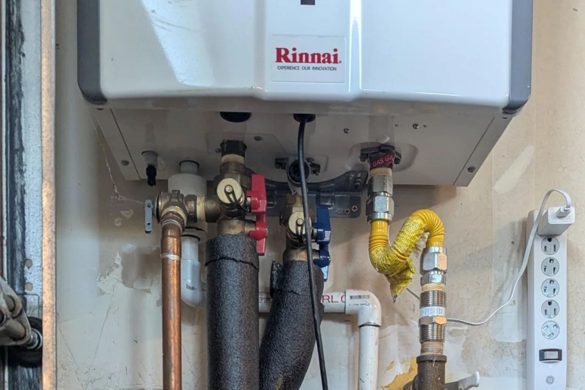 Pumps and valves coming out of a tankless water heater.