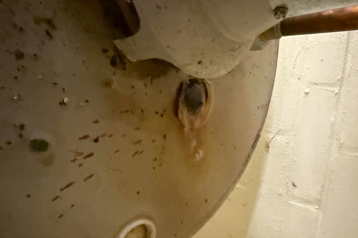 A water heater with a leak observed near its drain valve.