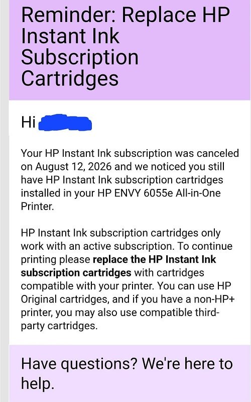 A message explaining that HP Instant Ink subscription cartridges only work with an active subscription.