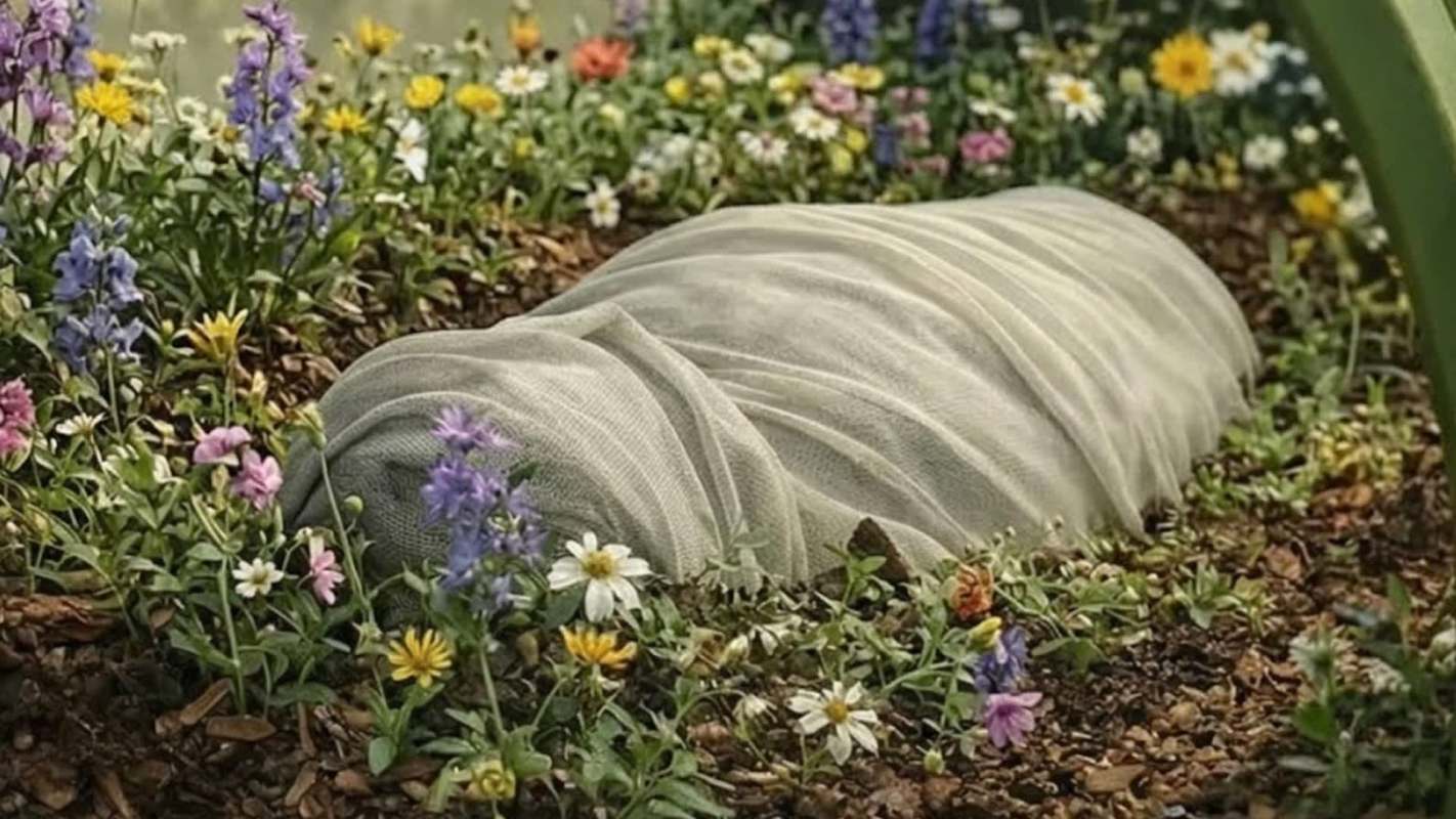 A wrapped figure in dirt.