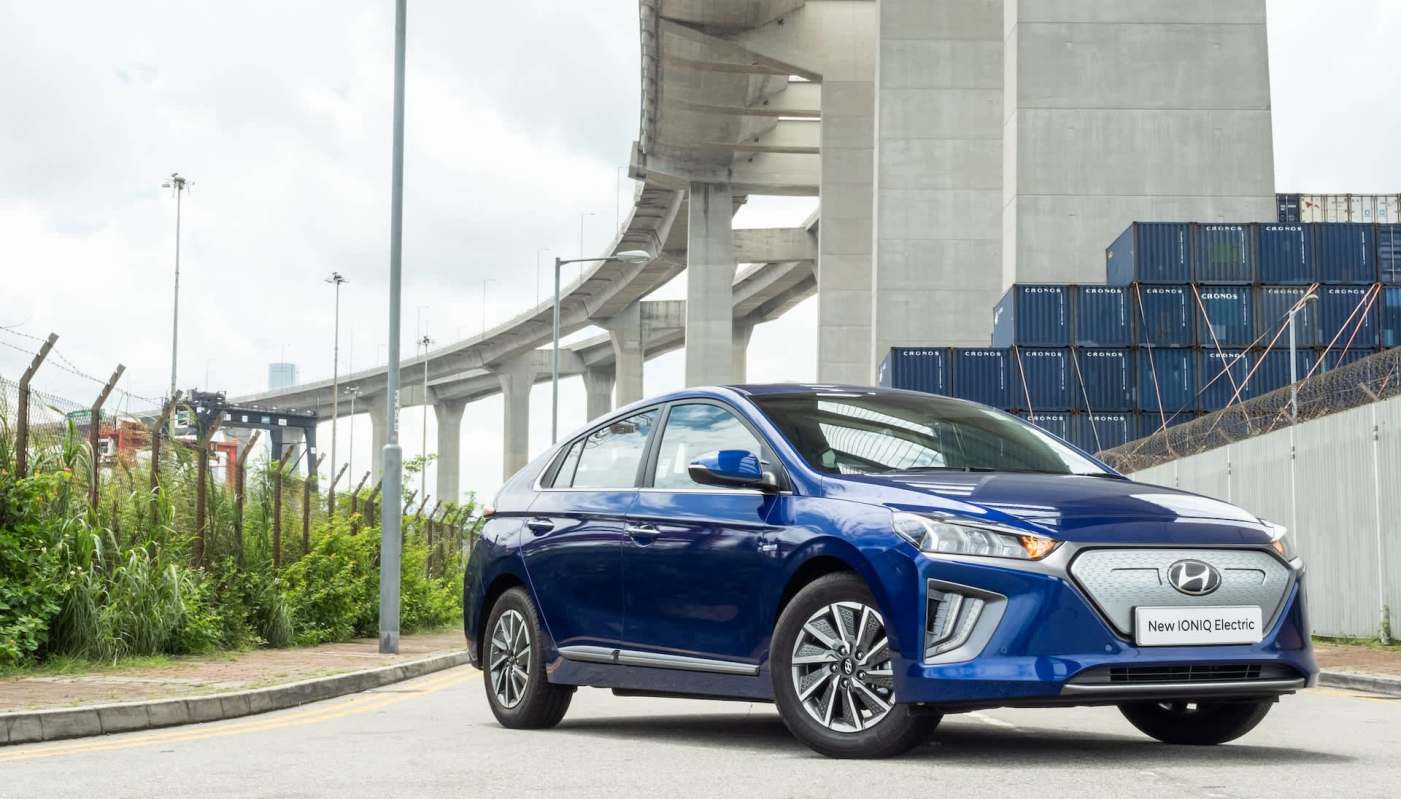 A blue Hyundai Ioniq Electric.