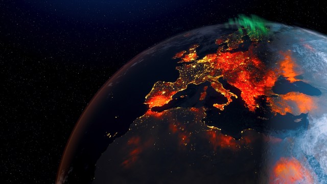 A view of Earth from space, highlighting illuminated areas of Europe against a starry background.
