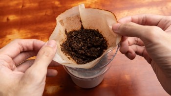 A filter with coffee grounds.