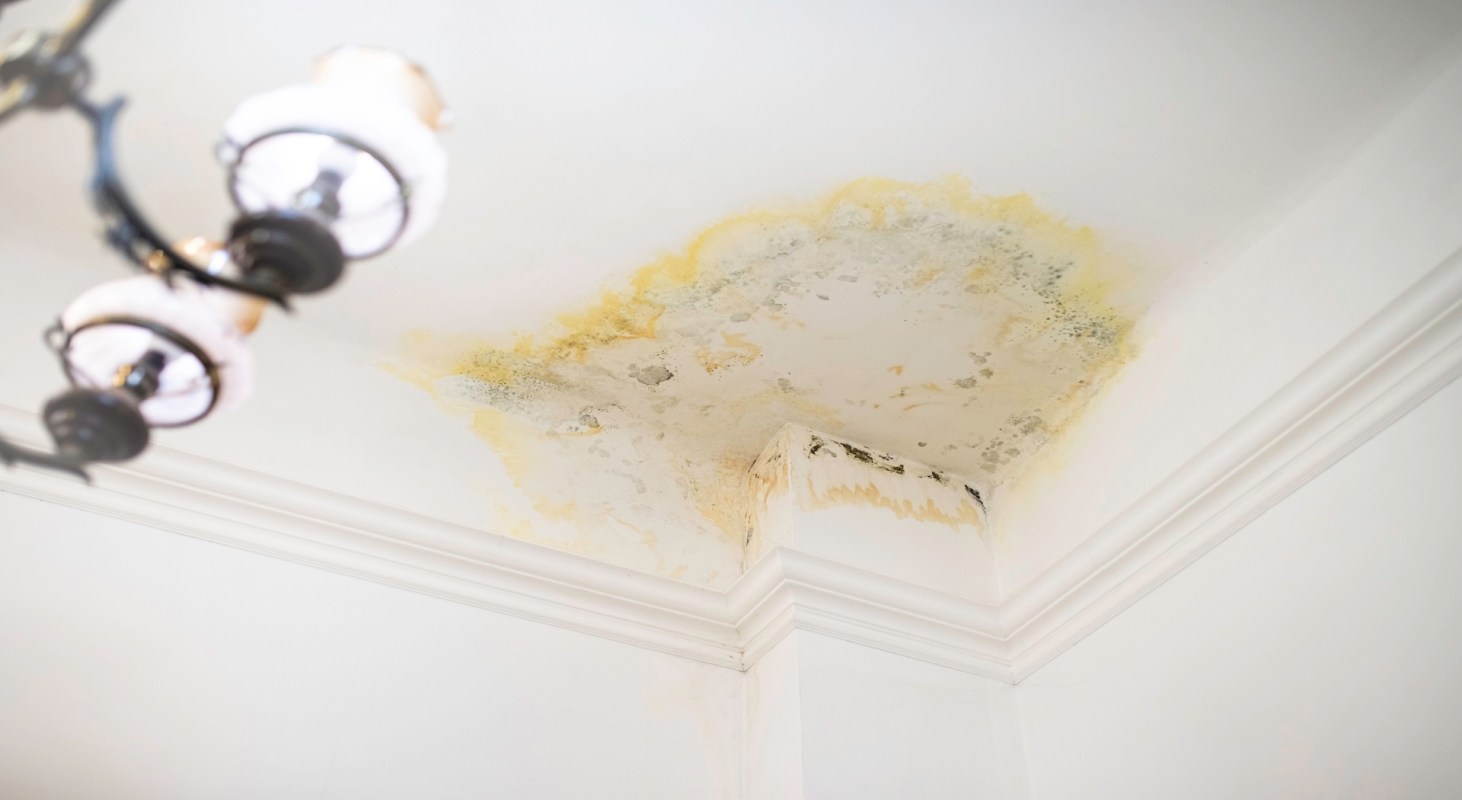 Water damage and stains are visible on the ceiling near a light fixture.