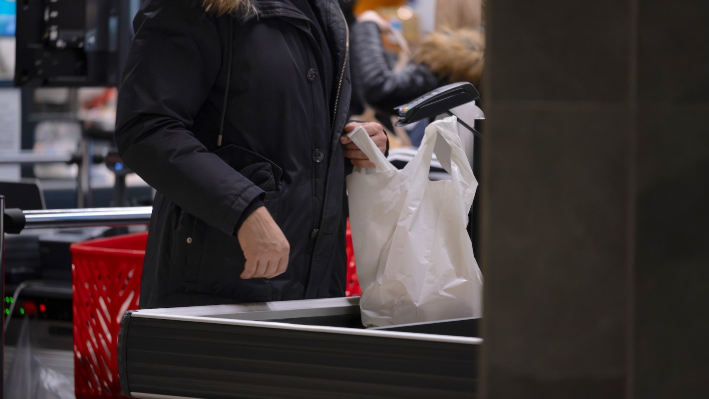 A person checking out at a grocery store.