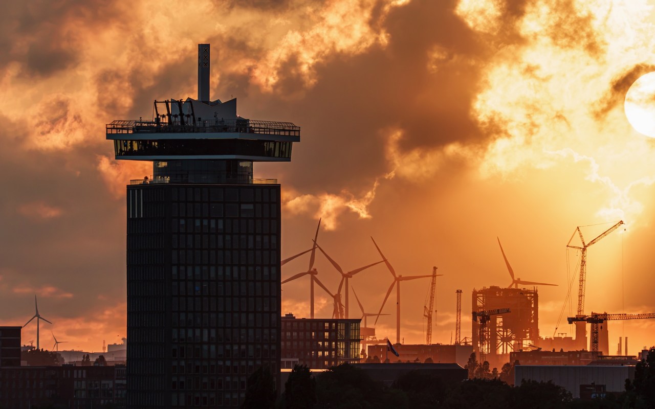 Wind turbines at sunset in the Netherlands.