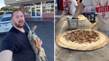 A man holds several iguanas outside a restaurant, while another image shows a pizza being prepared with iguana toppings.