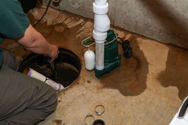 A person is working on a sump pump installation in a basement with water on the floor.