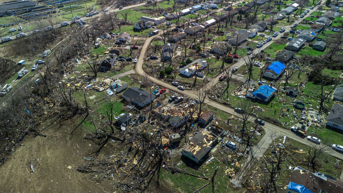 A neighborhood with heavy storm damage.