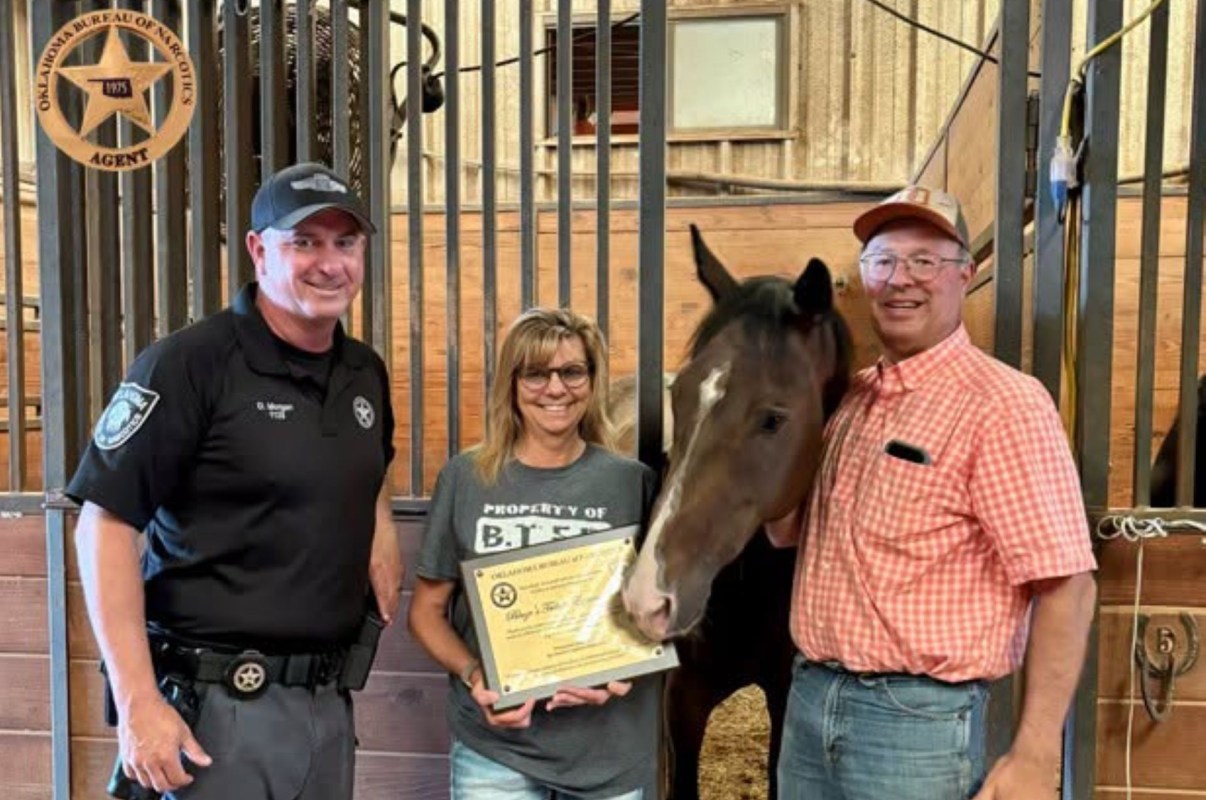 Three people stand near a horse in a stable, holding an award plaque.