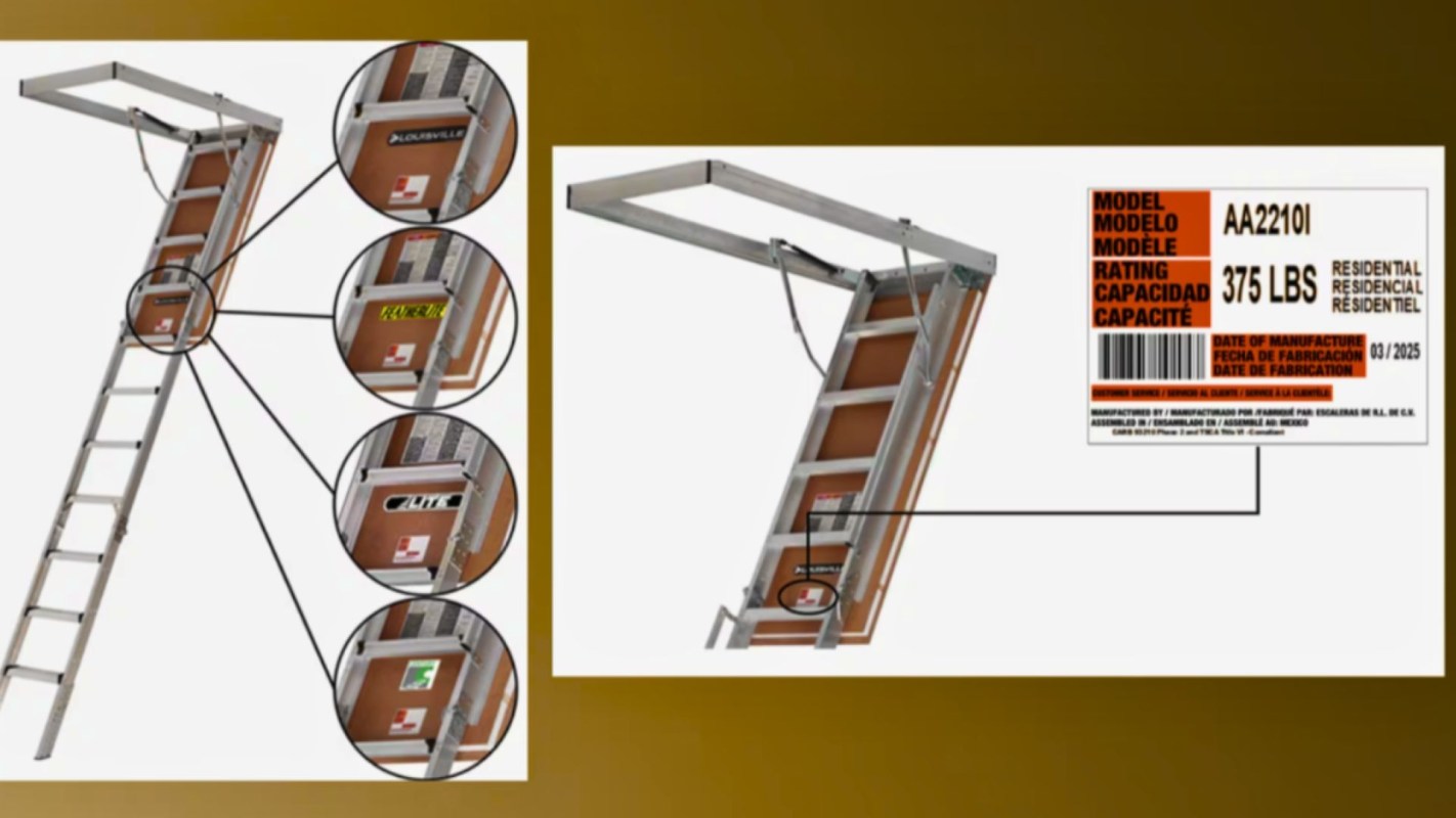 A multi-section ladder with highlighted safety labels and specifications displayed in detail.
