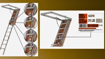A multi-section ladder with highlighted safety labels and specifications displayed in detail.