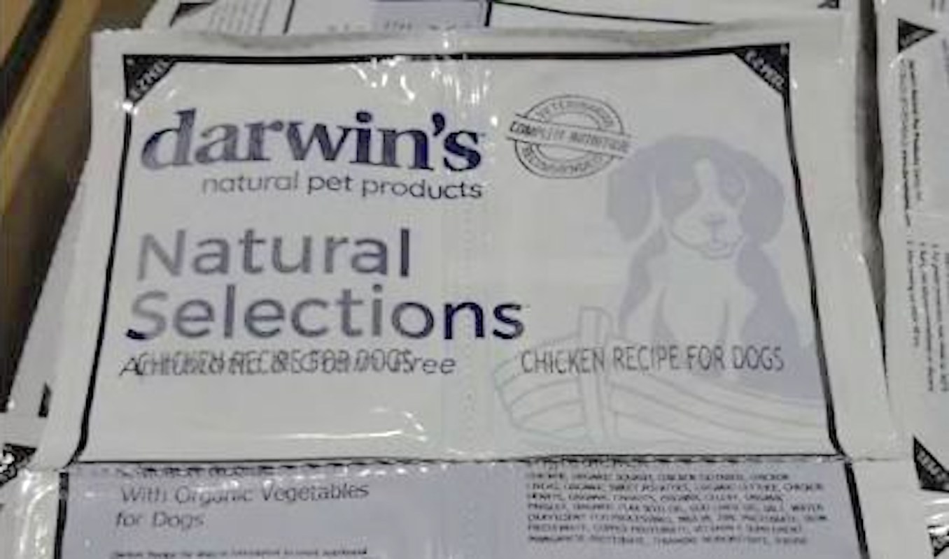 A package of dog food labeled "Darwin's Natural Selections Chicken Recipe for Dogs."