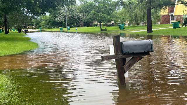 A mailbox partially submerged in floodwater on a residential street.