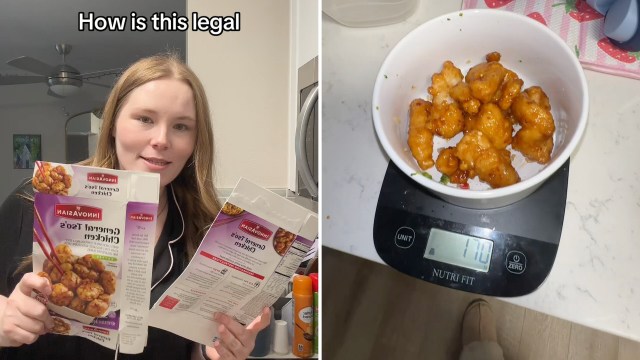 A shopper showing a large a box of InnovAsian General Tso's Chicken with a portion gap.