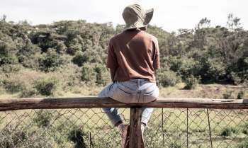 A person sits on a wooden railing overlooking a green landscape with trees.