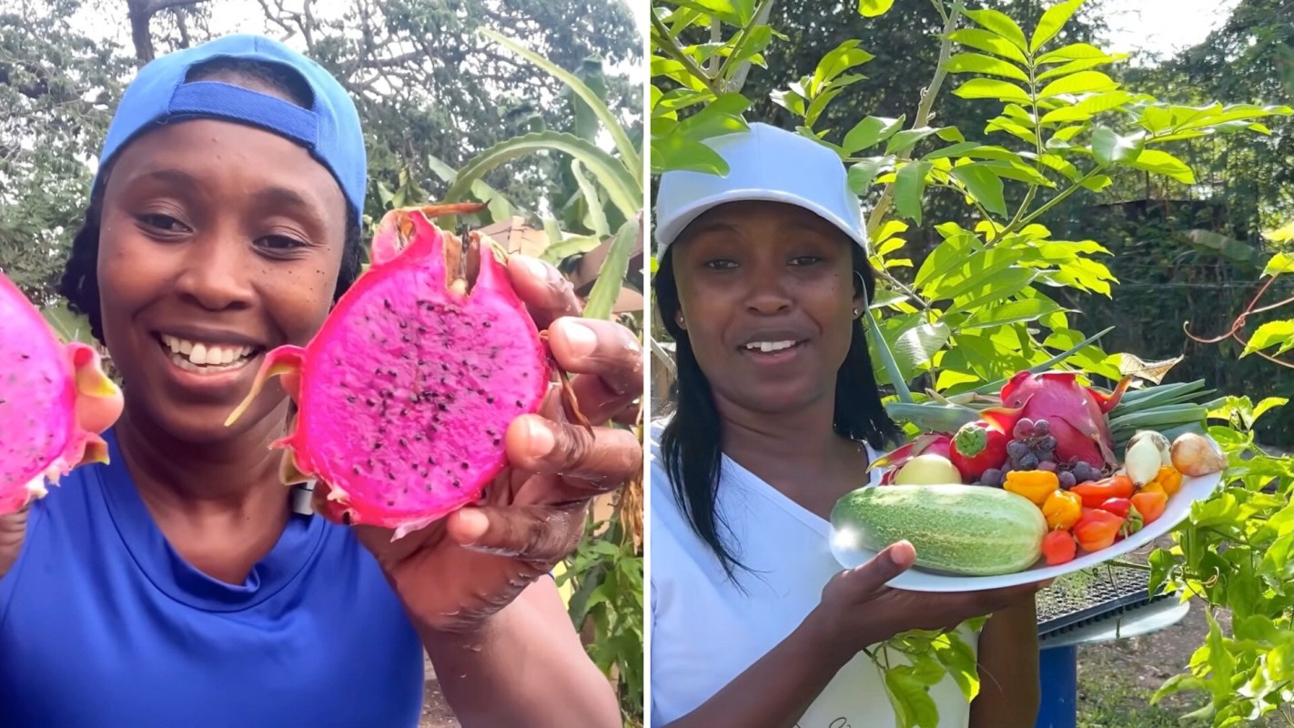 A woman holds a sliced dragon fruit while presenting a plate of various fresh fruits and vegetables.