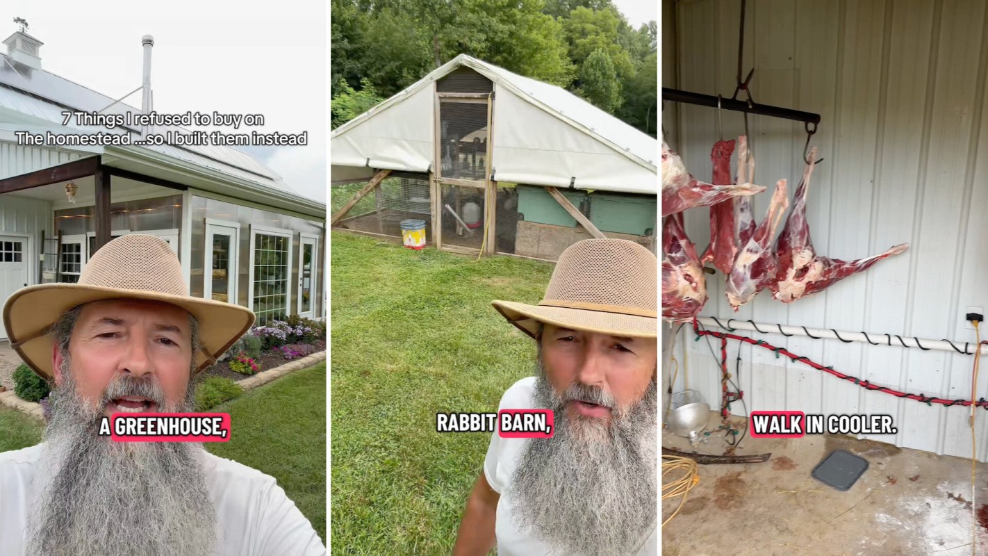 Three images of a man discussing various structures on a homestead: a greenhouse, a rabbit barn, and a walk-in cooler.