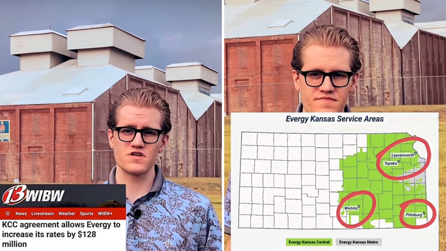 A person holding a map of Evergy Kansas service areas in front of a data center.
