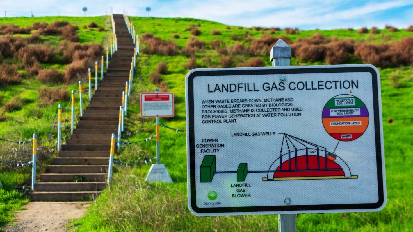 Signage about landfill gas collection next to a set of stairs on a grassy hill.