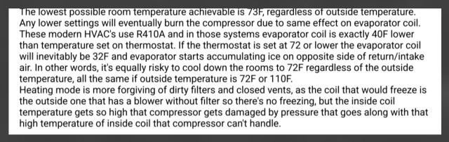 A landlord message claiming the AC would freeze over if set to the low 70s.