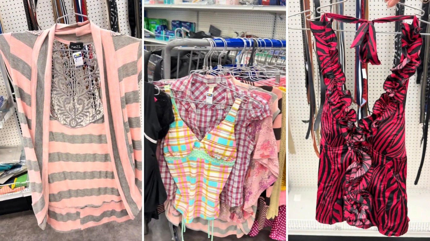 Three clothing items on display: a striped top, a plaid swimsuit, and a ruffled dress in red and black stripes.