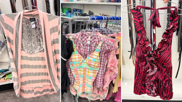 Three clothing items on display: a striped top, a plaid swimsuit, and a ruffled dress in red and black stripes.