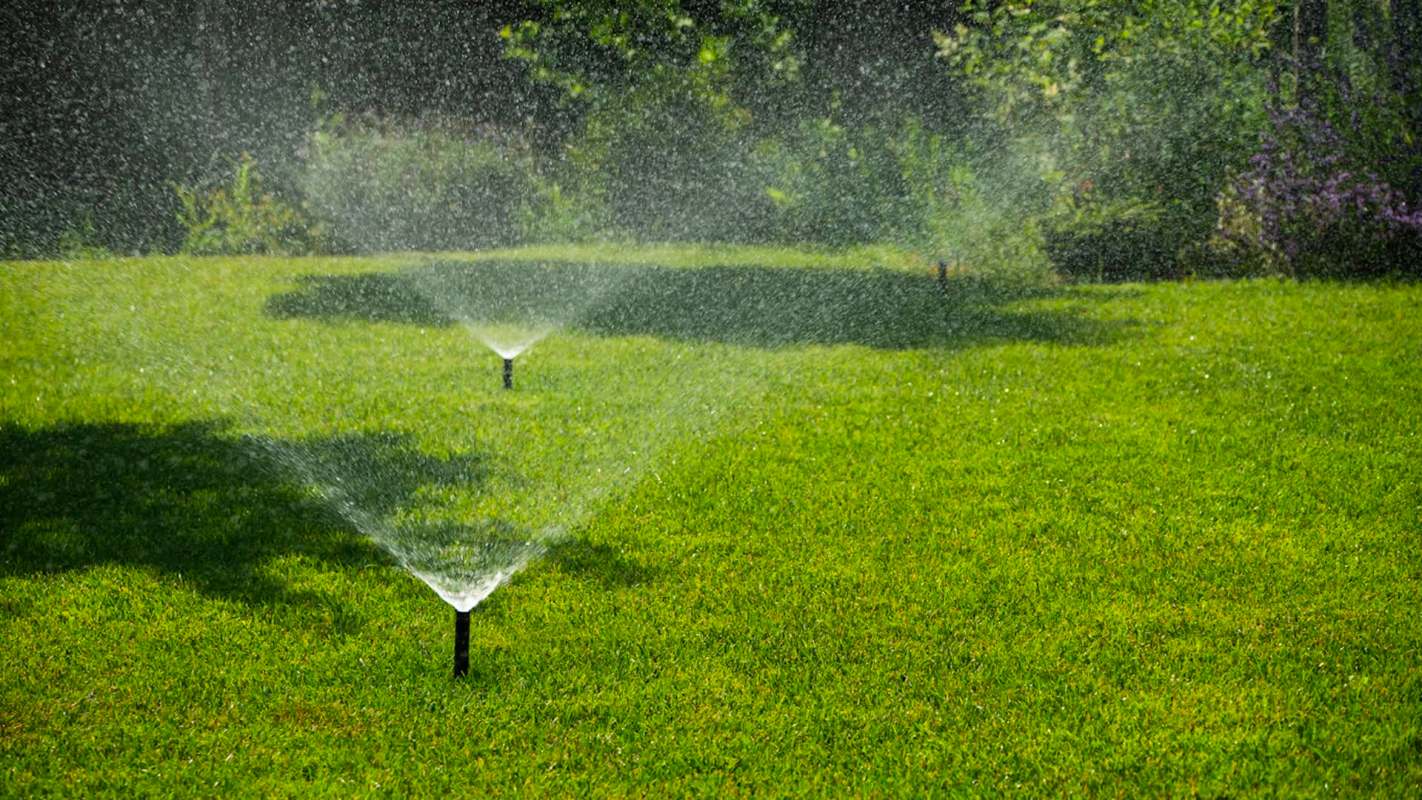 Sprinklers water a lush green lawn under bright sunlight.
