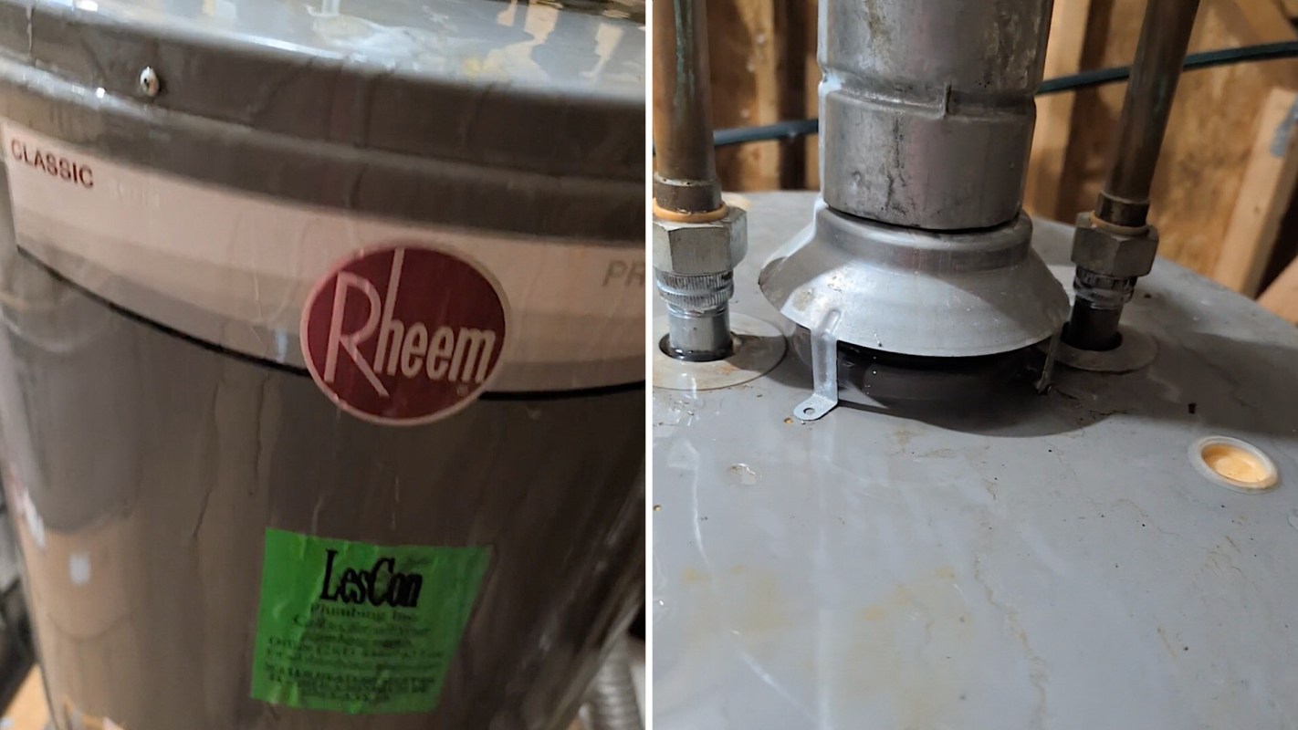 A water heater with a Rheem label and visible pipes and connections.