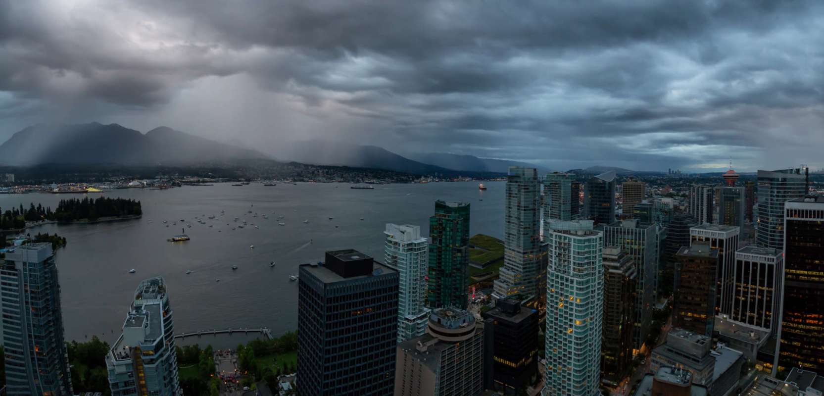 Dark clouds over the Vancouver skyline.