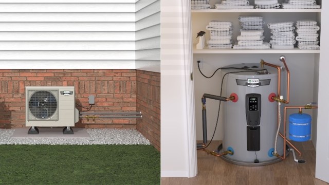An outdoor air conditioning unit beside a brick wall and a water heater with pipes in a linen closet.