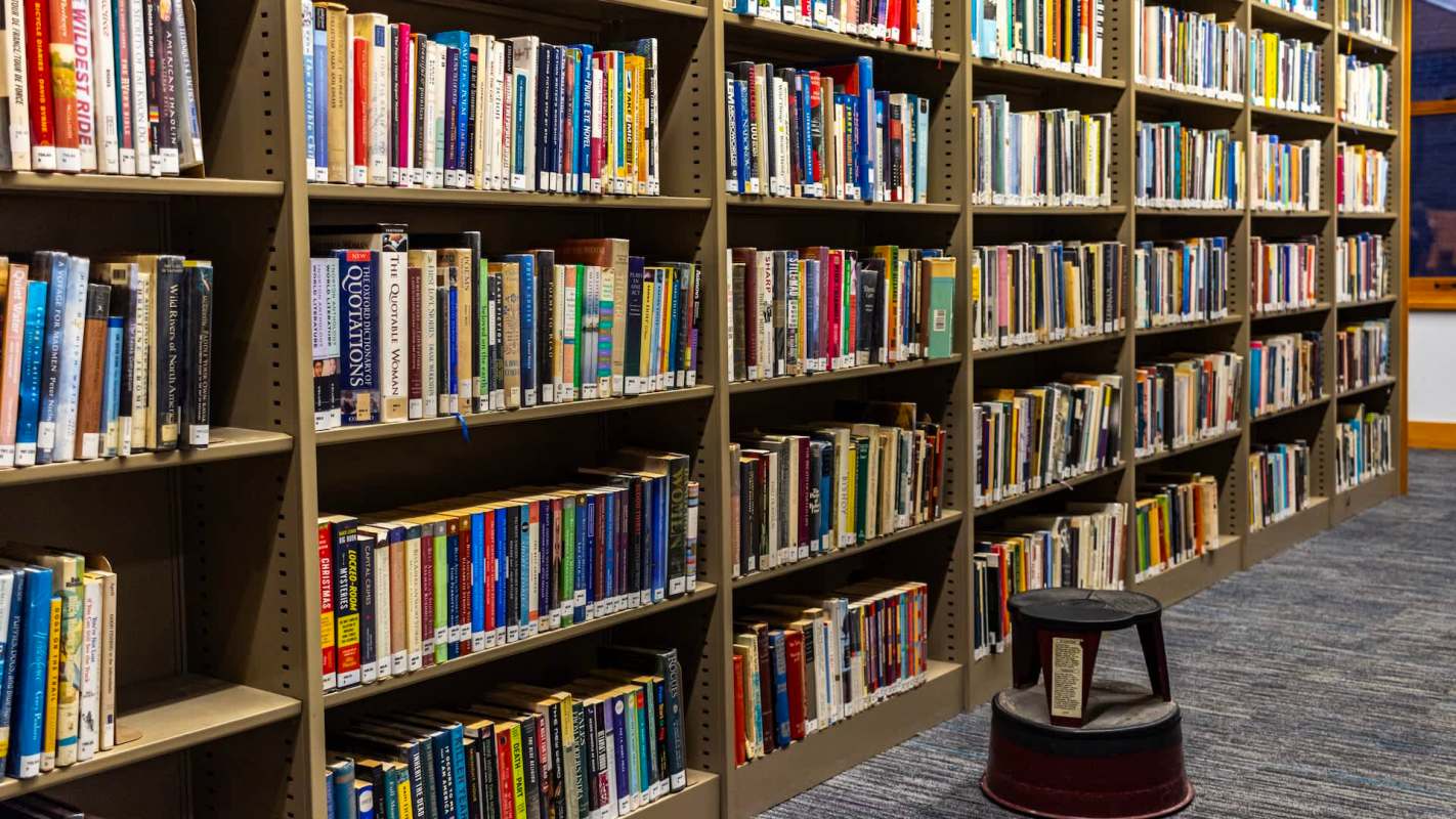 Bookshelves filled with various books and a small stool in a library setting.