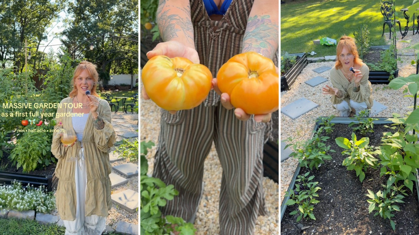 A woman showing her garden and its harvest.