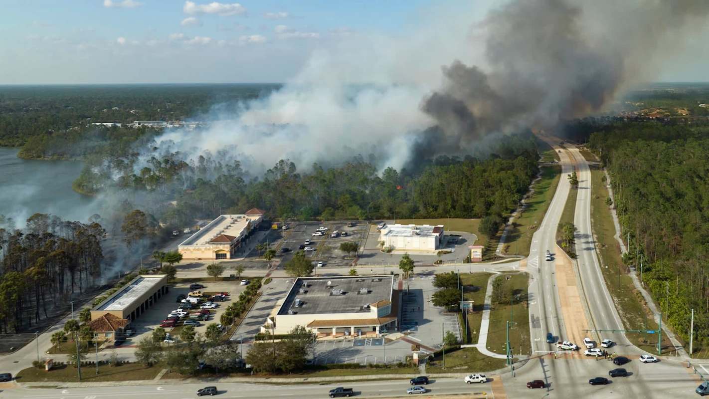 Aerial view of smoke rising from a wooded area near a commercial district and road.