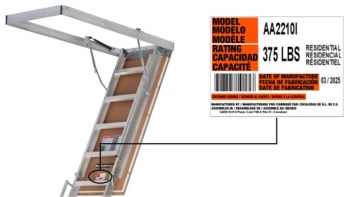A labeled folding attic ladder with specifications including model number and weight capacity.