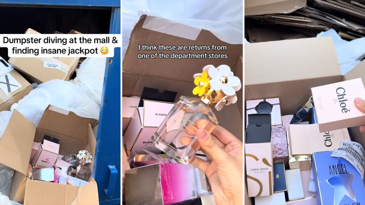 A collection of discarded packaging and bottles found in a dumpster outside a mall.