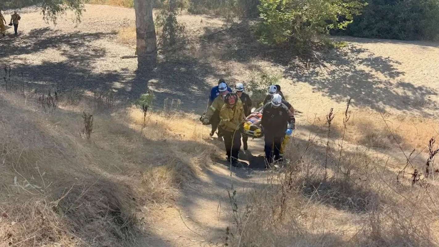 Rescue workers carry a stretcher on a path in a wooded area.