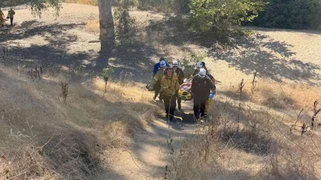 Rescue workers carry a stretcher on a path in a wooded area.