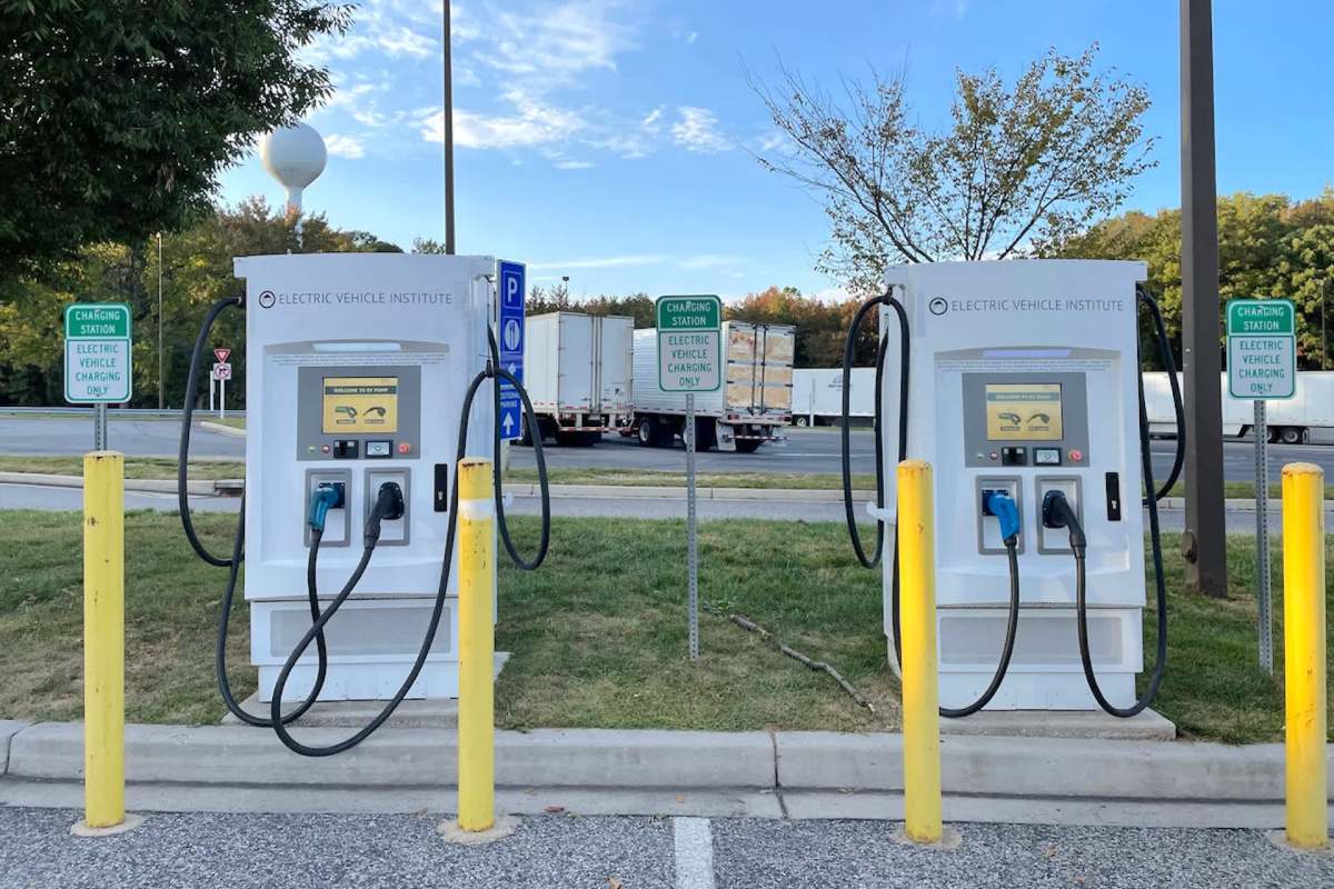 Two electric vehicle charging stations.