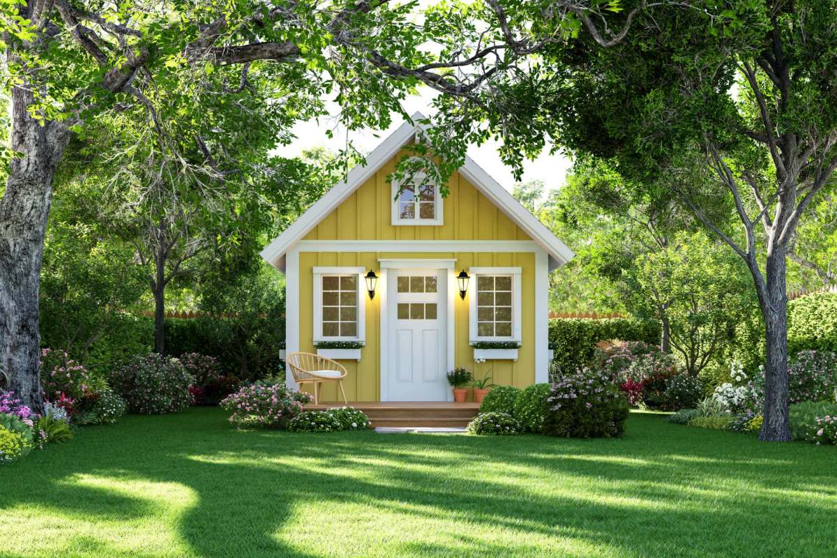 A tiny home in a backyard.