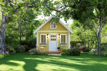 A tiny home in a backyard.