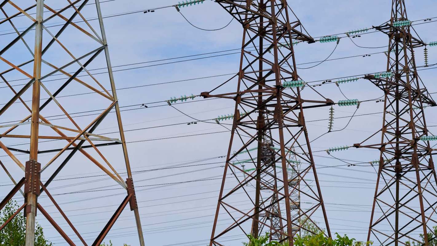 Transmission towers and power lines.