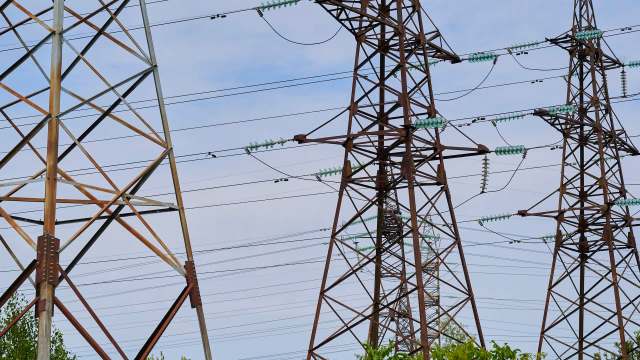 Transmission towers and power lines.