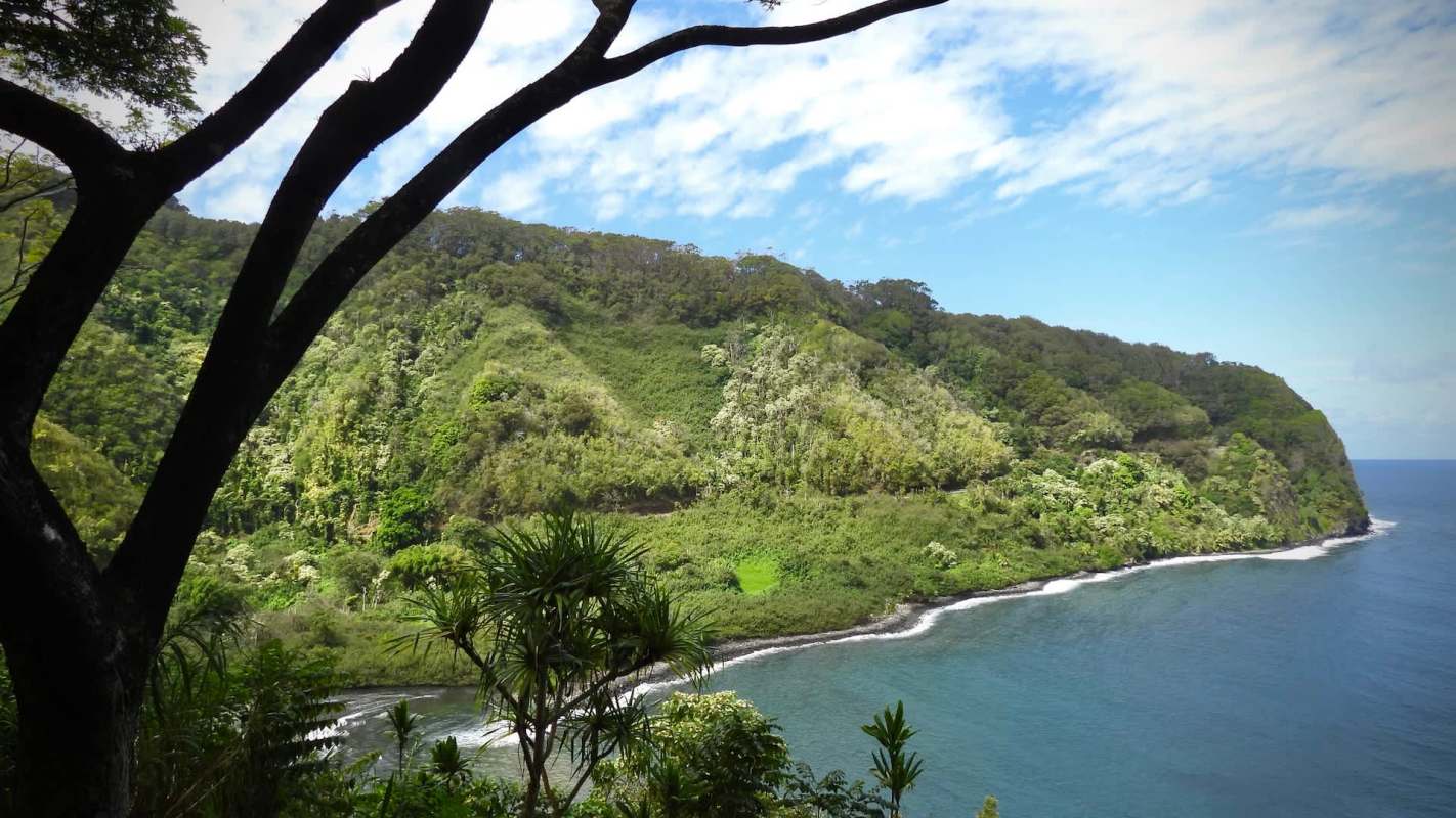 A coastal landscape featuring lush green hills and a clear blue ocean.