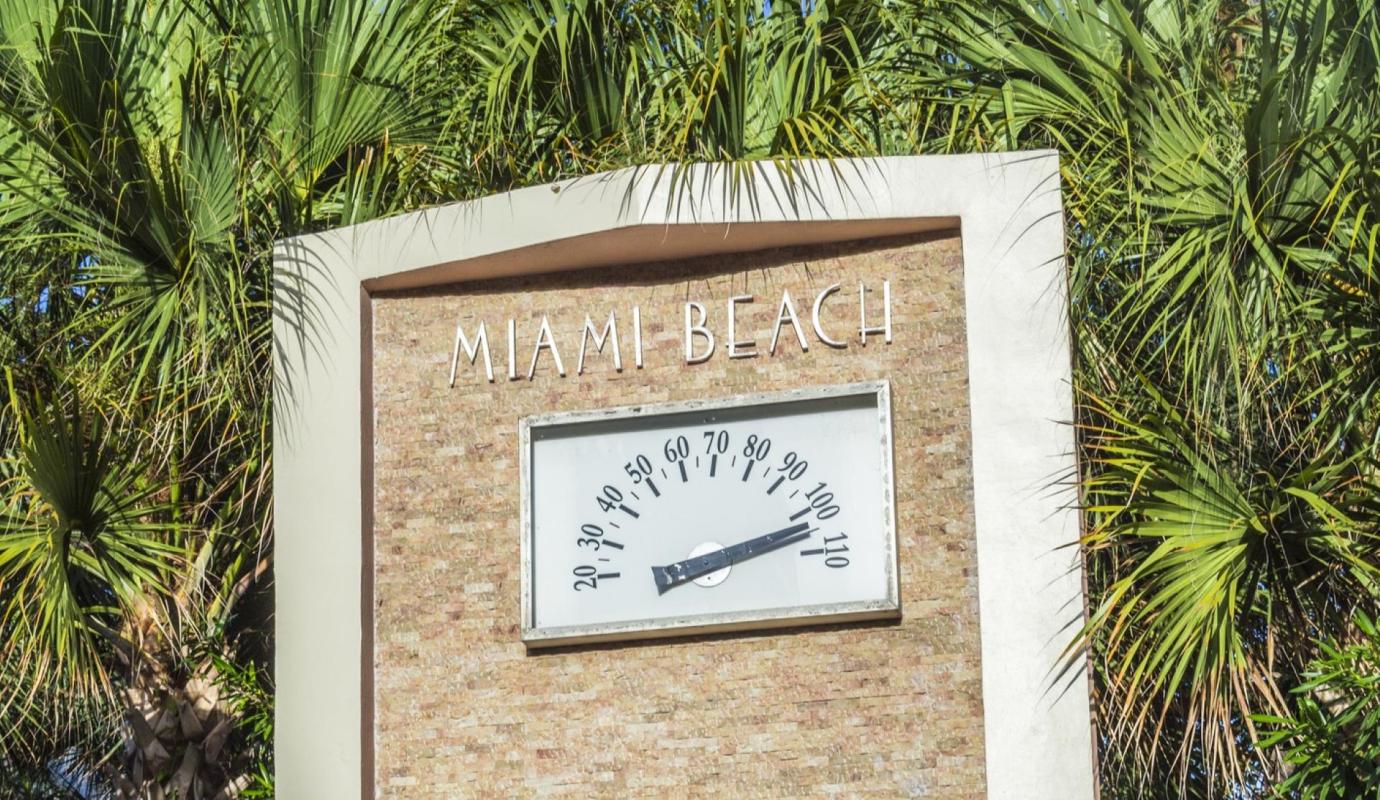 A Miami Beach thermometer above 100 degrees Fahrenheit.