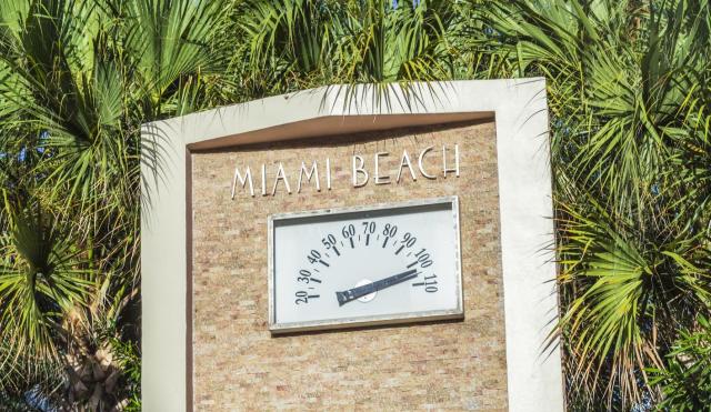 A Miami Beach thermometer above 100 degrees Fahrenheit.