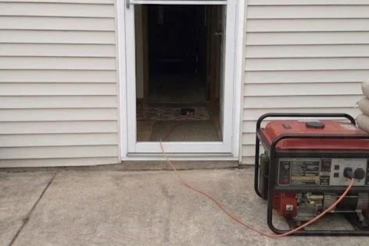 A generator is positioned outside a doorway with a power cable running inside.