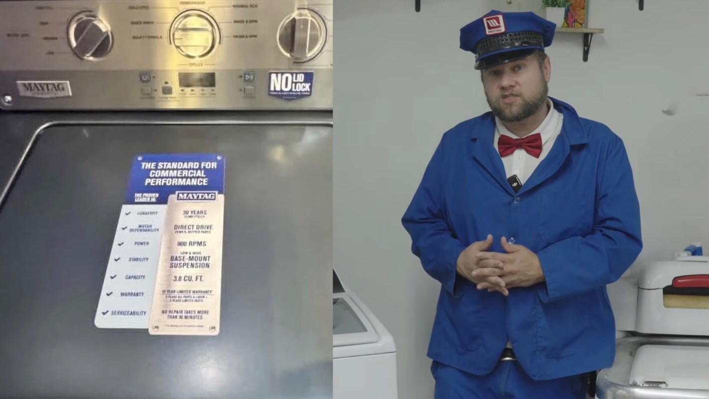 A Maytag washing machine control panel with a man in a blue uniform with a Maytag hat standing nearby.